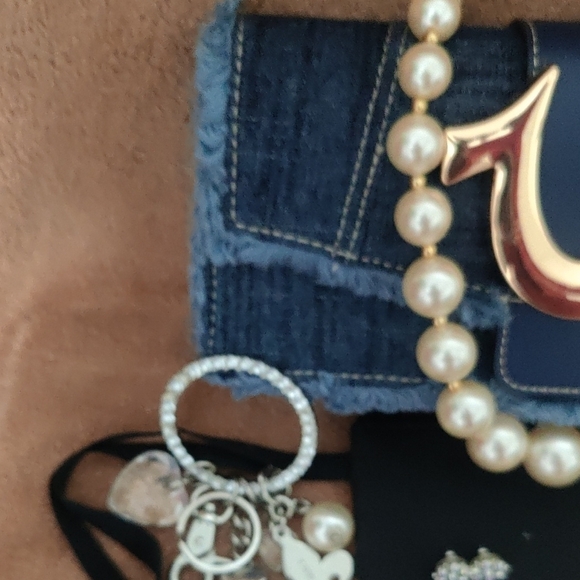 Denim Clutch with Gold Accent and Pearl Jewelry - Picture 14 of 16